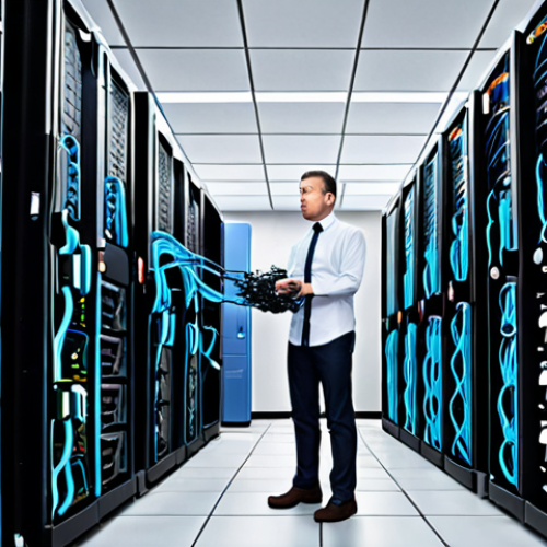 A visual contrast: On one side, a chaotic, traditional server room filled with tangled cables, flickering lights, and a stressed IT professional manually fixing a broken server, symbolizing high costs and reactive maintenance. On the other side, a futuristic, minimalist data center interface, with abstract glowing lines representing AI-driven automation, predictive analytics charts, and seamless cloud integration, all conveying efficiency, intelligence, and a calm, proactive approach. The image should highlight the transformation from a "money pit" to a "smart investment."
