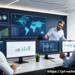 Home 18 네트워크 관리자 협업 사례 - A diverse team of network administrators collaborating in a modern office setting, multiple large sc...