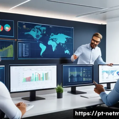 Home 30 네트워크 관리자 협업 사례 - A diverse team of network administrators collaborating in a modern office setting, multiple large sc...