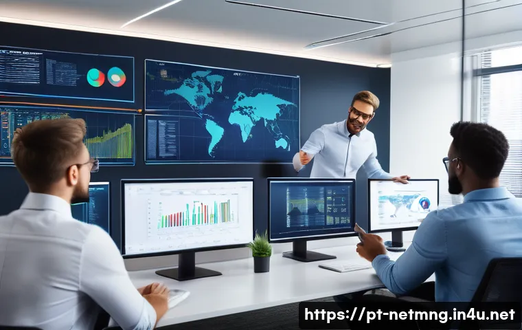 네트워크 관리자 협업 사례 - A diverse team of network administrators collaborating in a modern office setting, multiple large sc...