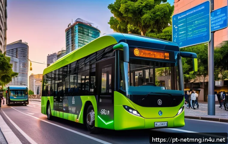 네트워크 업계 트렌드와 미래 전망 - A bustling Brazilian smart city scene at dusk, showcasing 5G connectivity in action: sleek autonomou...