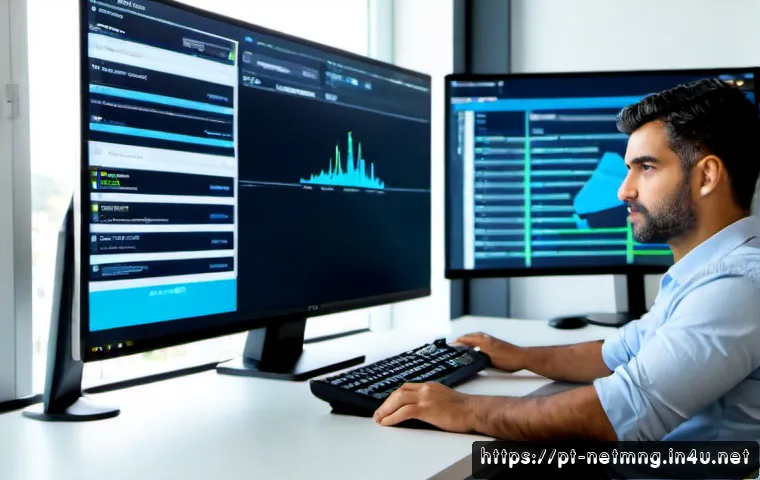 Home 17 네트워크 관리자 필수 스킬 10가지 - Photorealistic network administrator in a modern Portuguese office, calmly monitoring multiple unlab...